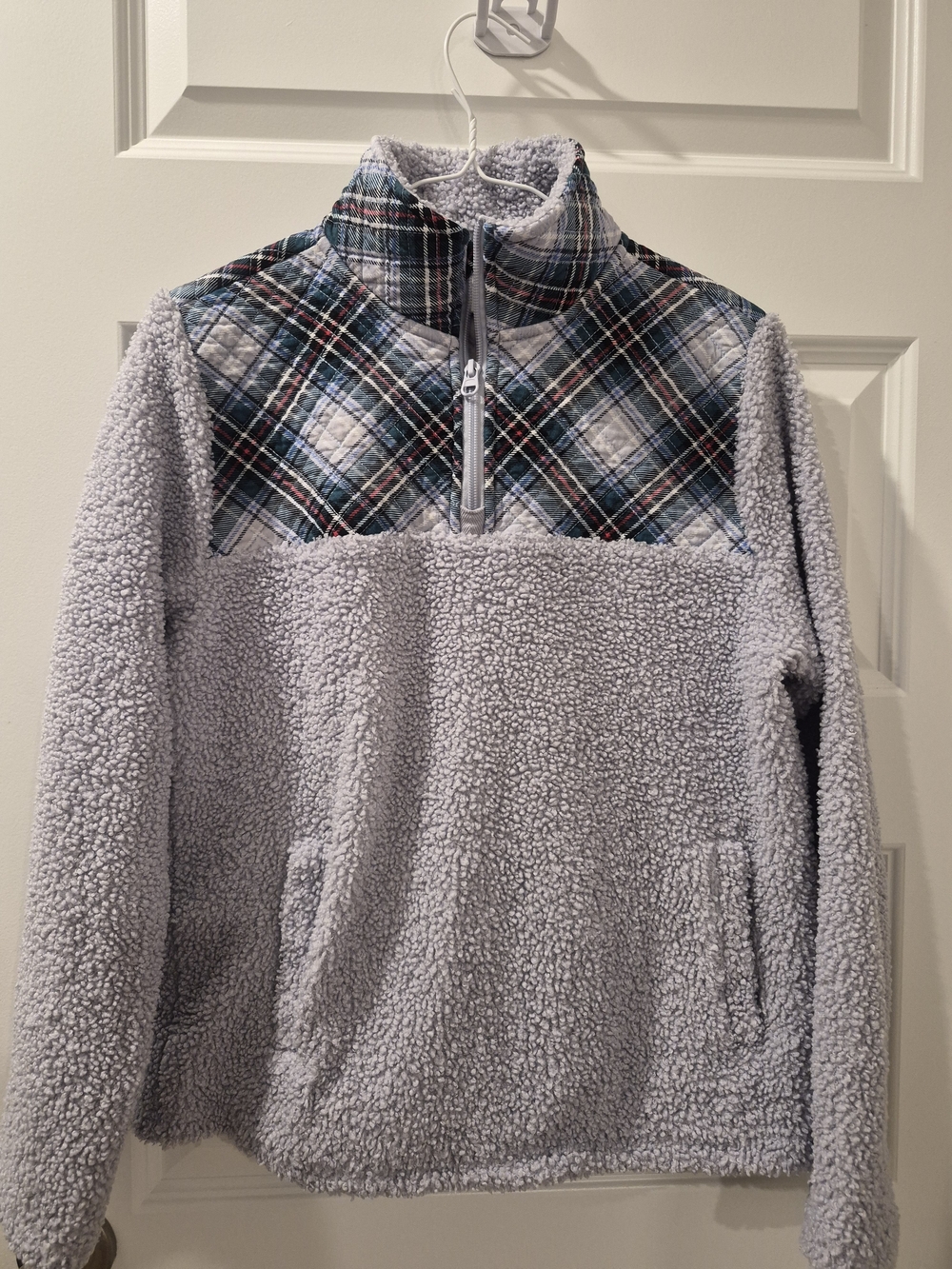 Vera Bradley Light Gray Sherpa Half-Zip with Blue Plaid Yoke